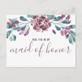 Waterverf Paarse Peony Maid of Honor Invitation Uitnodiging Briefkaart (Voorkant)