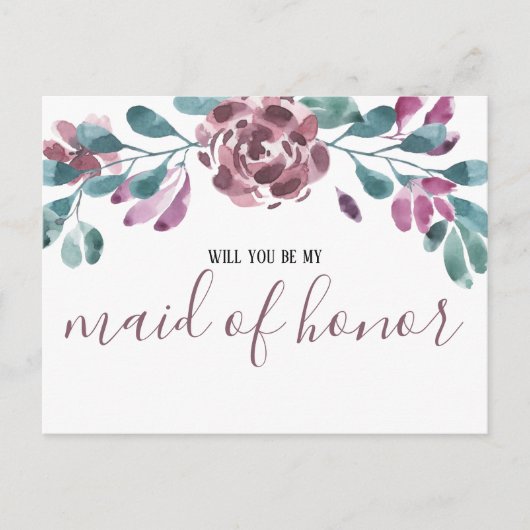 Waterverf Paarse Peony Maid of Honor Invitation Uitnodiging Briefkaart (Voorkant)