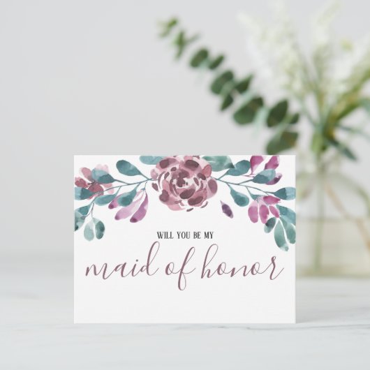 Waterverf Paarse Peony Maid of Honor Invitation Uitnodiging Briefkaart (Staand voorkant)