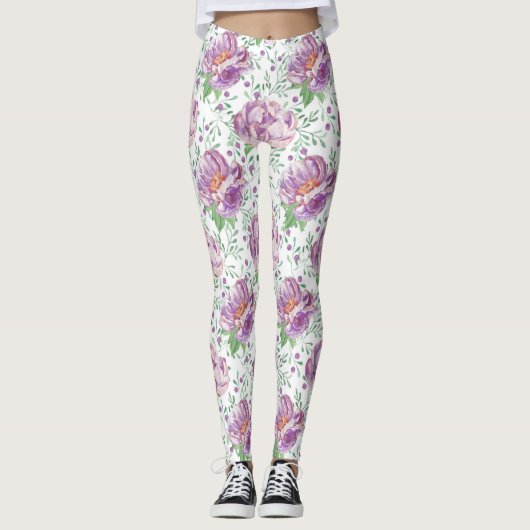 waterverf paarse pioen leggings (Voorkant)