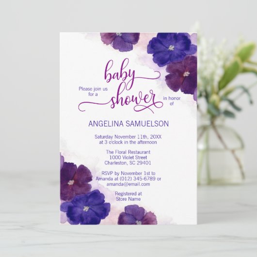 Waterverf Paarse Plum Blue Floral BABY SHOWER Kaart (Staand voorkant)
