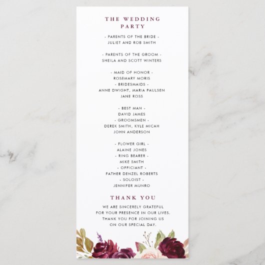 Waterverf paarse pruim en perzik bloemenbruiloft programmakaart (Achterkant)