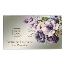 Waterverf Paarse Roze Bloemen Golden Elegant Naambadge