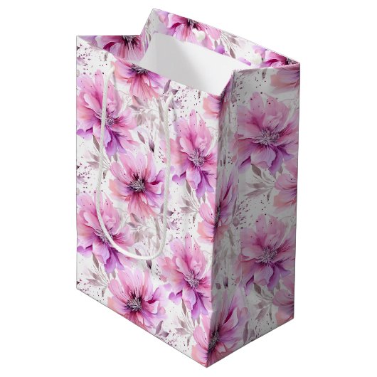 Waterverf Paarse Roze Bloemen Lentepatroon Medium Cadeauzakje (Voorkant Gekanteld)