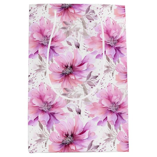 Waterverf Paarse Roze Bloemen Lentepatroon Medium Cadeauzakje (Voorkant)