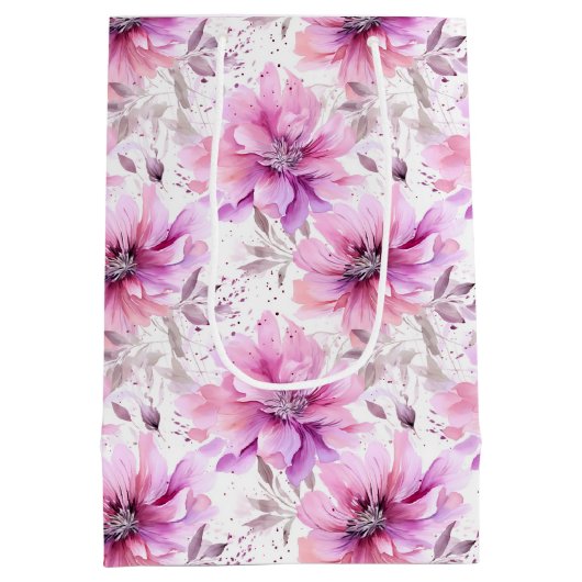 Waterverf Paarse Roze Bloemen Lentepatroon Medium Cadeauzakje (Achterkant)