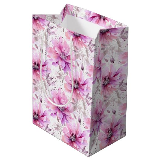 Waterverf Paarse Roze Bloemen Lentepatroon Medium Cadeauzakje (Achterkant Gekanteld)
