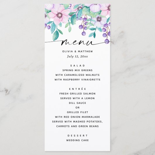 Waterverf paarse roze bloementuin bruiloft menu (Voorkant)