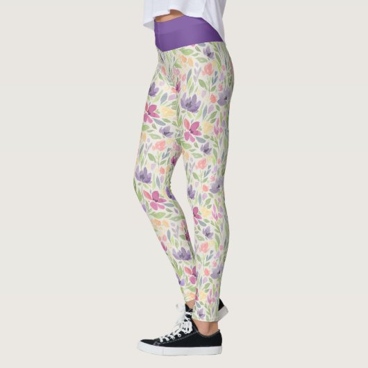 Waterverf Paarse roze bloemmotief Leggings (Links)