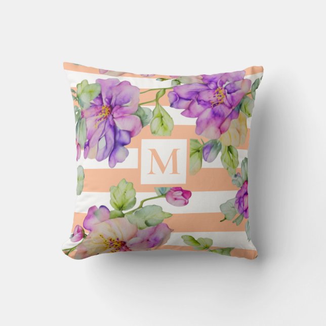 Waterverf paarse roze florale oranje witte strips kussen (Voorkant)