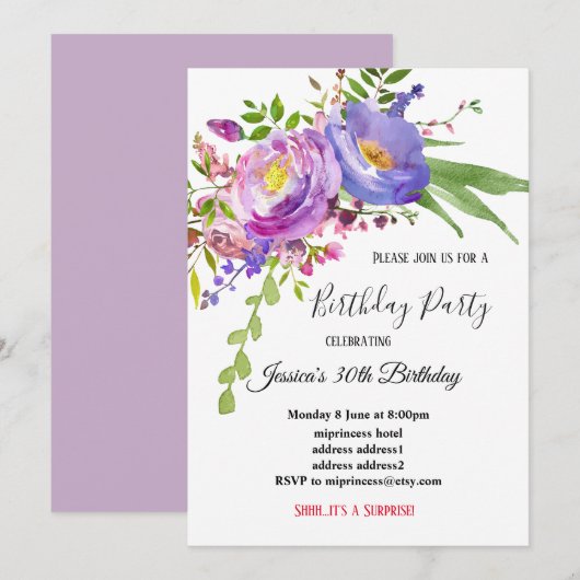 waterverf paarse roze florale verjaardag kaart (Voorkant / Achterkant)