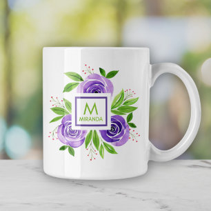 Waterverf Paarse Rozen Gepersonaliseerd Monogram Koffiemok