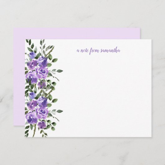 Waterverf Paarse Rozen Groene bladeren Monogram Notitiekaartje (Voorkant / Achterkant)