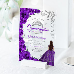 Waterverf Paarse Rozen Zilver Quinceanera Acryl Uitnodigingen