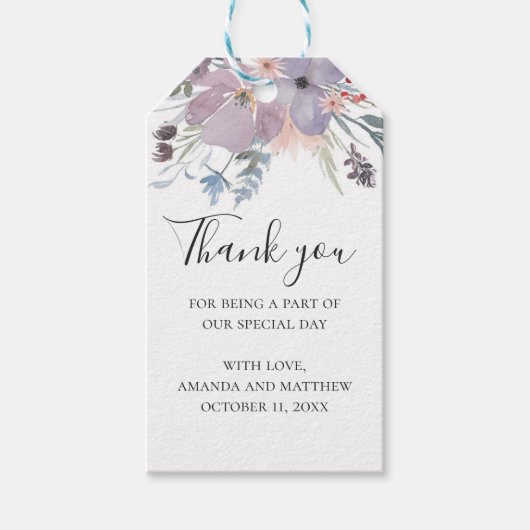 Waterverf paarse rustieke bloemenbruiloft dank u cadeaulabel (Voorkant)
