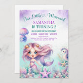 Waterverf paarse schattige zeemeermin 2e verjaarda kaart (Voorkant / Achterkant)