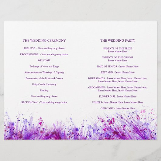 Waterverf paarse splash met het bruiloft programma (Achterkant)
