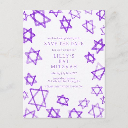 Waterverf Paarse Star van David Bar Bat Mitzvah Aankondigingskaart (Voorkant)