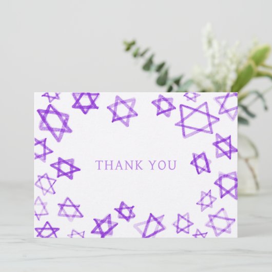 Waterverf Paarse Star van David Bar Bat Mitzvah Bedankkaart (Staand voorkant)