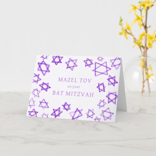 Waterverf Paarse Sterren MAZEL TOV Bar Bat Mitzvah Kaart (Gele Bloem)
