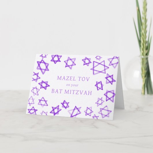 Waterverf Paarse Sterren MAZEL TOV Bar Bat Mitzvah Kaart (Voorkant)