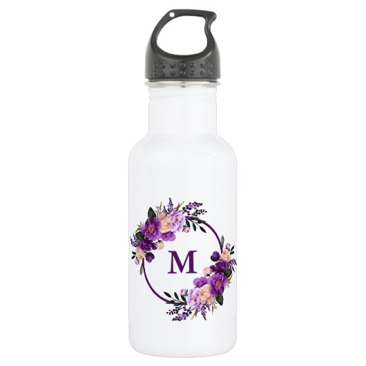 Waterverf Paarse Ultra Violet Floral Monogram Waterfles (Voorkant)