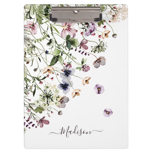 Waterverf Paarse Veldbloemen met Monogram Klembord (Voorkant)