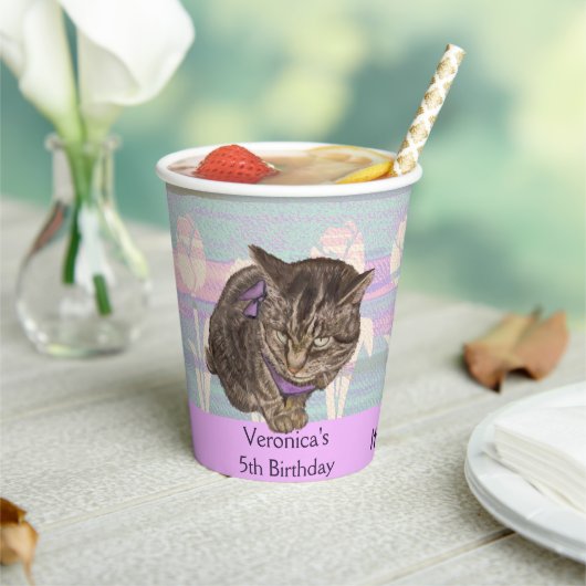Waterverf Paarse Verjaardag Kinder Kitten Papieren Papieren Bekers (Insitu)