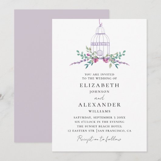 Waterverf paarse vintage vogelbekentenis kaart (Voorkant / Achterkant)