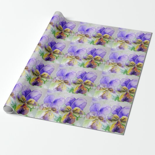 Waterverf Paarse Viola Pansy bloemen Cadeaupapier (Uitgerold)