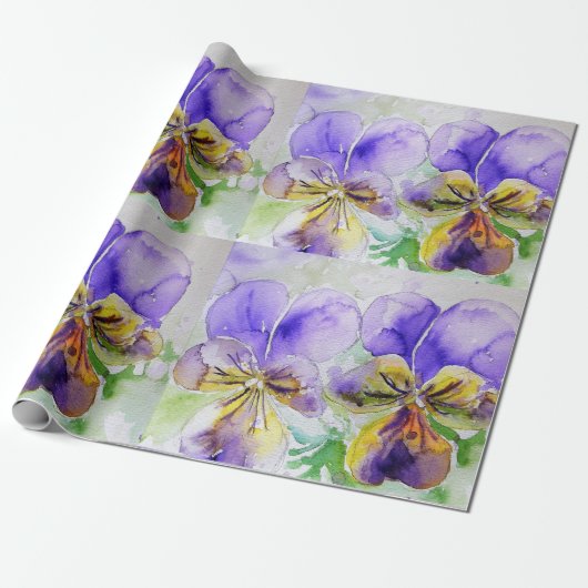 Waterverf Paarse Viola Pansy bloemen Cadeaupapier (Uitgerold)