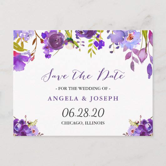 Waterverf Paarse Violet Floral Save the Date Aankondigingskaart (Voorkant)