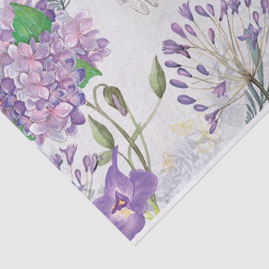 Waterverf Paarse Violets Hydrangeas Greeneras Tissuepapier (Detail)