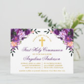 Waterverf Paarse Violette Bloemen Communie Goud Kaart (Staand voorkant)