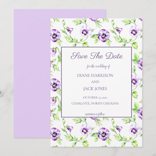 Waterverf Paarse Viooltjes Bewaar de Datum Kaart (Voorkant / Achterkant)