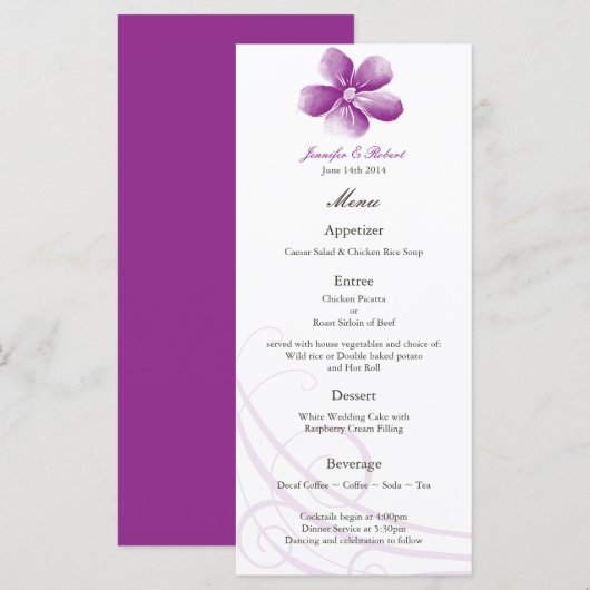 Waterverf Paarse Wedding Menu Kaart (Voorkant / Achterkant)