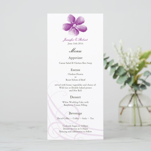 Waterverf Paarse Wedding Menu Kaart (Staand voorkant)