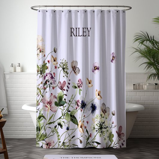 Waterverf Paarse Wilde Bloemen met Monogram Douchegordijn