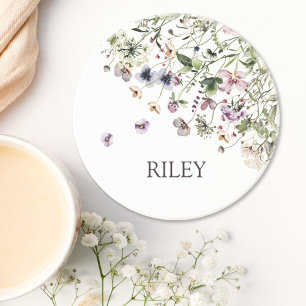 Waterverf Paarse Wilde Bloemen met Monogram Zandsteen Onderzetter