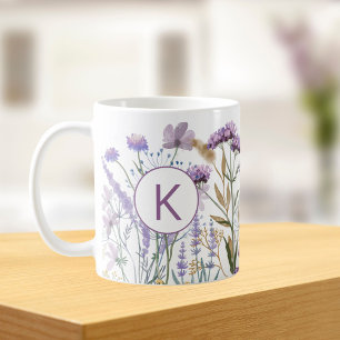 Waterverf Paarse Wilde Bloemenweide met Monogram Koffiemok