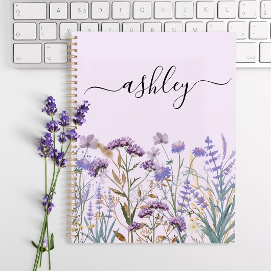 Waterverf Paarse Wilde Bloemenweide met Monogram Planner