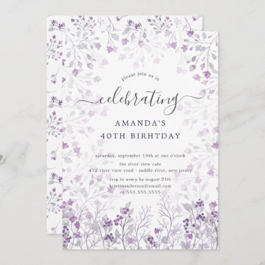 Waterverf Paarse Wildflowers Verjaardagsfeest Kaart (Voorkant / Achterkant)