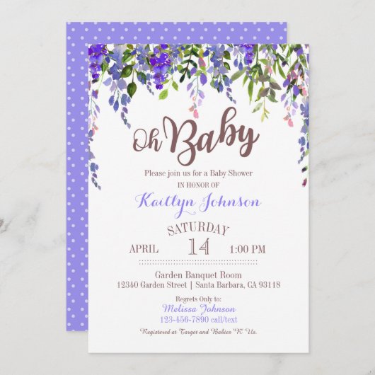 Waterverf Paarse Wisteria Modern Baby shower Kaart (Voorkant / Achterkant)