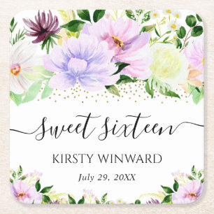 Waterverf Paarse Zomerbloemen Sweet Sixteen Kartonnen Onderzetters