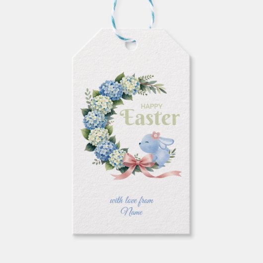 Waterverf Paas Hydrangea Krans Mooie Konijn Cadeaulabel (Voorkant)