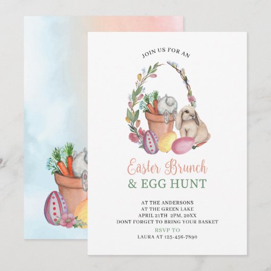 Waterverf Paasbrunch en Eierjacht konijn Kaart (Voorkant / Achterkant)