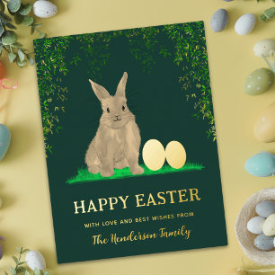 Waterverf PaasBunny en Eggs Green Gold Folie Feestdagen Briefkaart