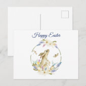 Waterverf paasbunny en lentbloemen feestdagenkaart (Voorkant / Achterkant)