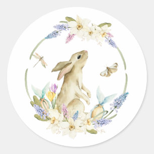 Waterverf paasbunny en lentbloemen ronde sticker
