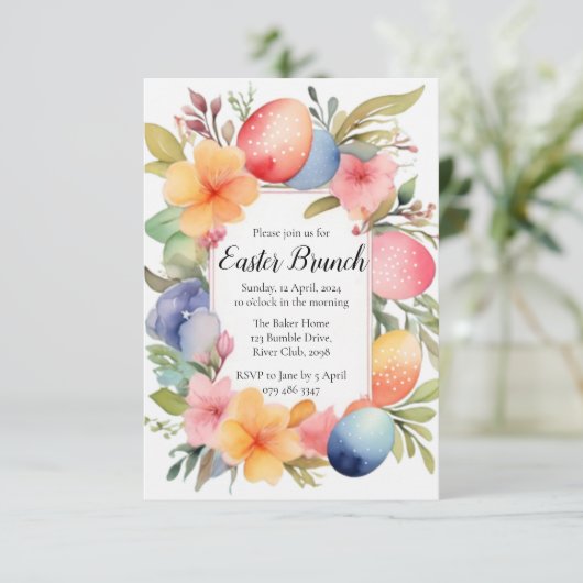 Waterverf Paasei en Bloem Paasuitnodiging Informatiekaartje (Staand voorkant)